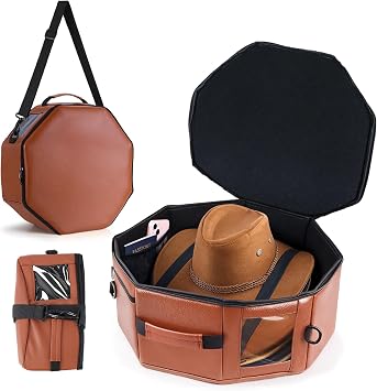 Vegan Leather Cowboy Hat Box for Travel, Large Octagonal, Brown | Hat Travel Case Fits 5 Wide Brim Hats, Padded Storage Organizer with Trolley Sleeve, Clear Window and Shoulder Strap