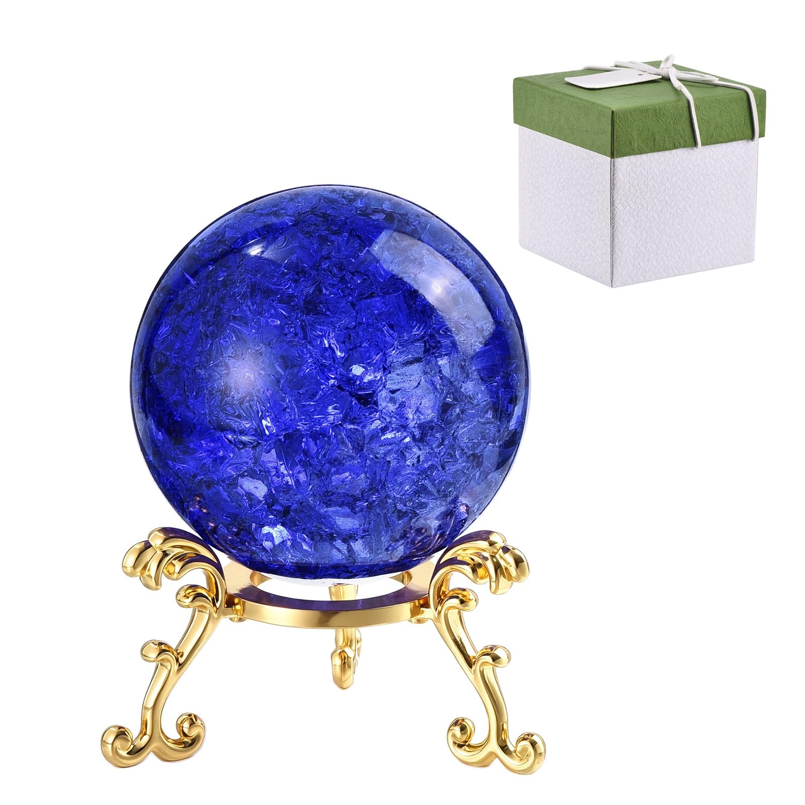 sourcing map 50 mm Round Crystal Sphere with Stand, Crystal Sphere Ice Cracked Decorative Ball Paperweight Gift Box Packaging for Home Decor Ornament Gift Craft Feng Shui Decor, Deep Blue