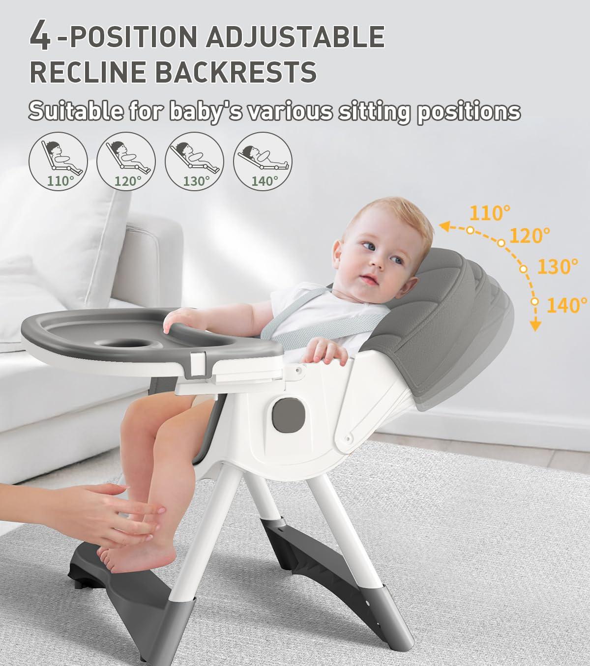 Baby High Chair, 5 in 1 High Chairs for Babies and Toddlers, Travel Foldable High Chair with Detachable PU Cushion, Double Removable Tray, Adjustable Height & Recline, Locking Wheels (Grey)