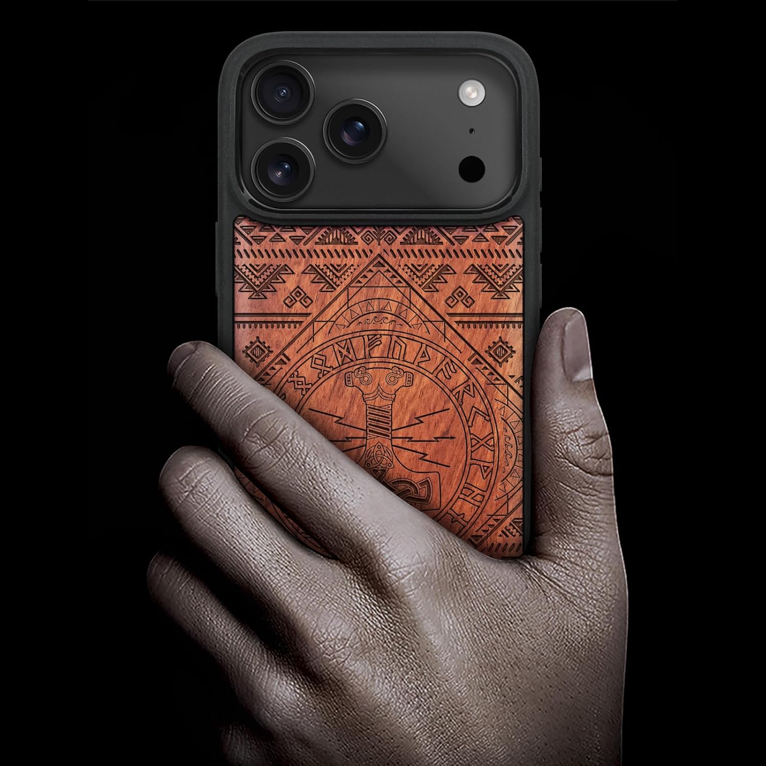 Carveit Magnetic Wooden Case for iPhone 17 Pro Max Case, Wood Artisan Engraved & Black Soft TPU Shockproof Cover, Compatible with MagSafe Wireless Chargers (Norse Resonance - Mjollnir) Rosy