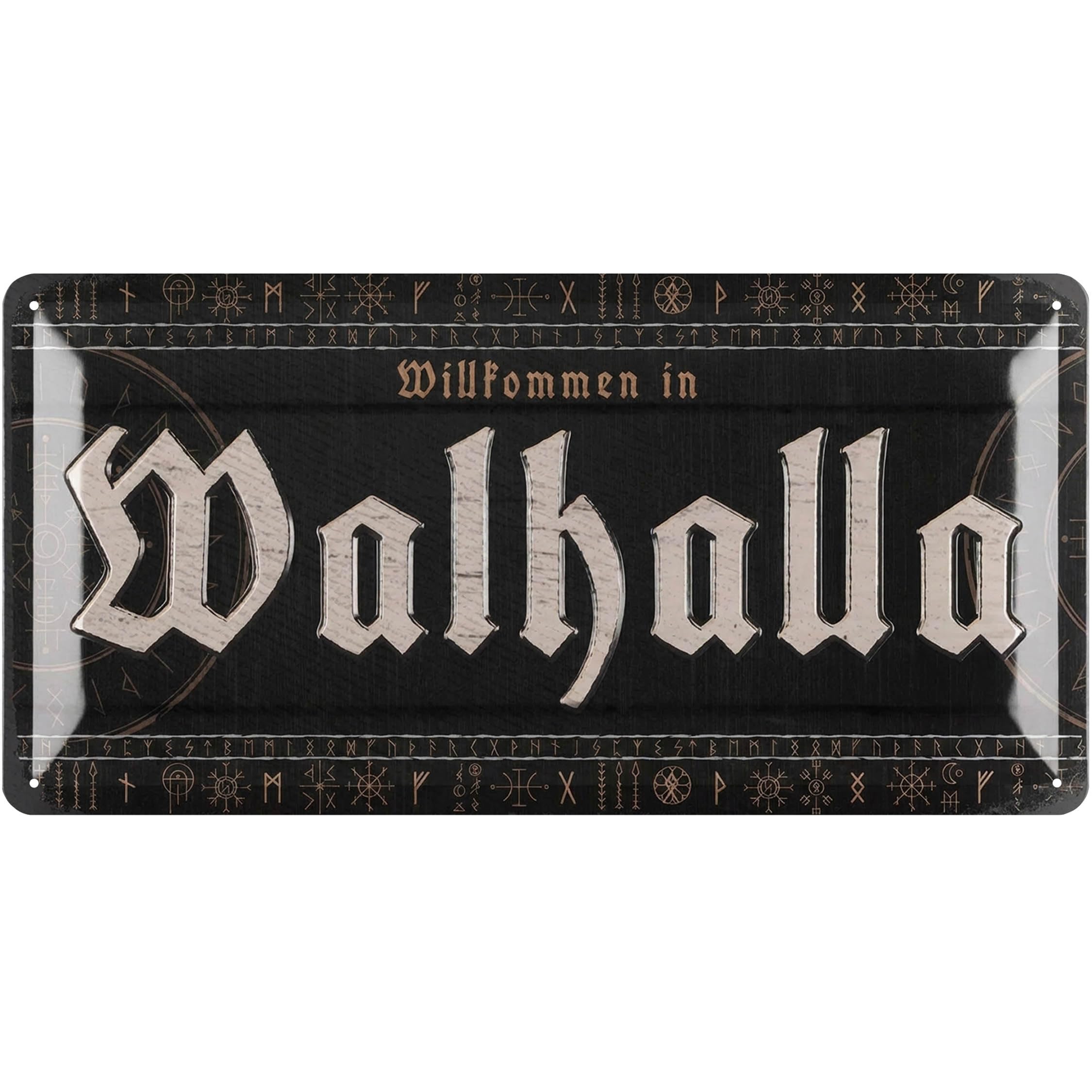LANOLU Retro Tin Sign Walhalla – Viking Decorative Sign as Wall Decoration, Gothic Decorative Home, Valhalla Metal Sign 16 x 32 cm