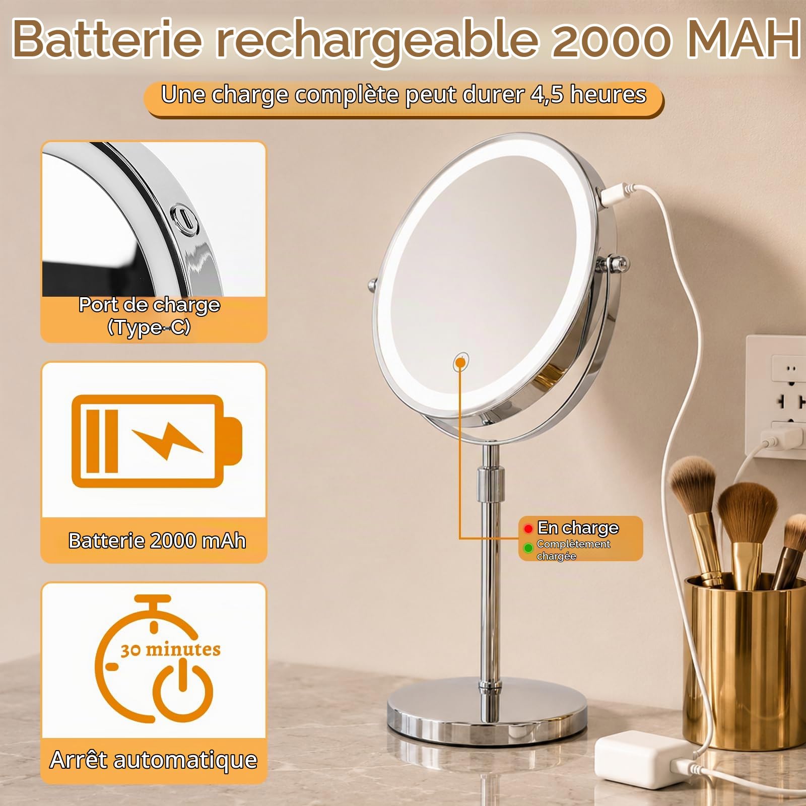 iklestar 20cm Mirroir Maquilleur Lumineux, 10x Rechargeable Miroir Grossissant Lumineux sur Pied, Portable LED Rond Miroir de Table avec Rotation à 360°,3 Couleurs Lumière, Argent