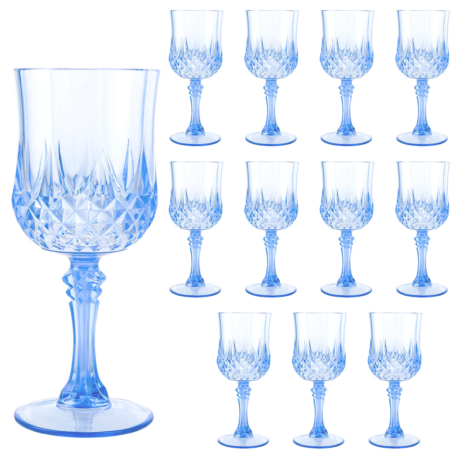Lot de 12 verres à vin en plastique - 200 ml - Bleu - Verres à vin de camping avec pied - Réutilisables
