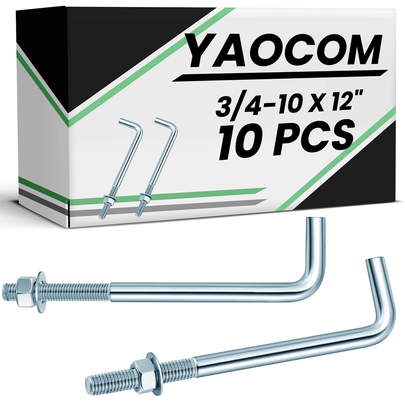 10 Pcs J Bolt Galvanized Anchor Bolts Galvanized Concrete Fastener Concrete Cement Post Anchor with Nuts and Washers for Foundation Wall Hardware Brick Projects, Gray(3/4-10 x 12)