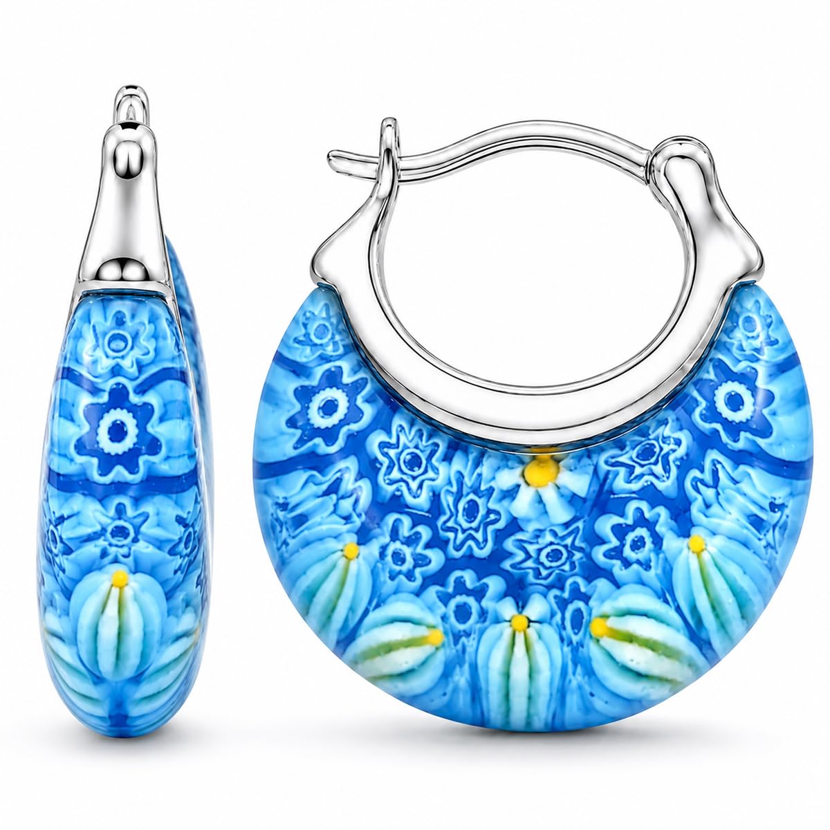 Murano Style Millefiori Glass Hoop Earrings for Women