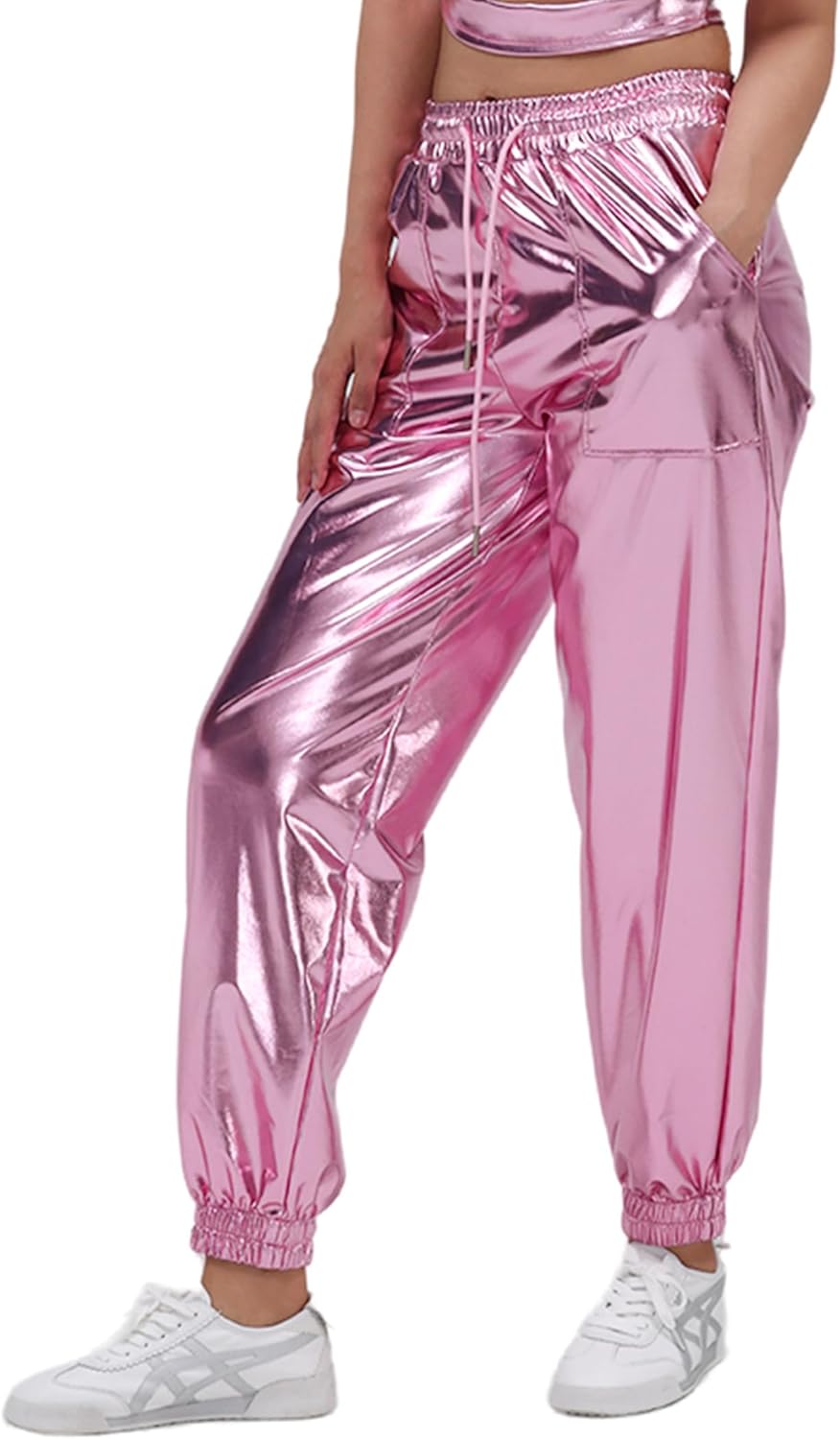 Womens Drawstring Cargo High Waist Jogger Pants Sexy Metallic Sparkly Wide Leg Pants Trousers Clubwear - Image 6