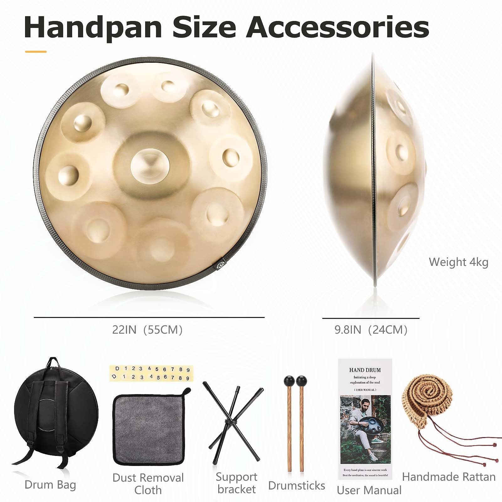 Handpan 432 Hz, 10 Töne 22 Zoll Steel Handpan Instrument, Gold Performer" in D Minor Zungentrommel, mit Handpan Weicher Tasche, Schlägeln, Handtrommelständer Für Anfänger, Profis, Musiktherapie