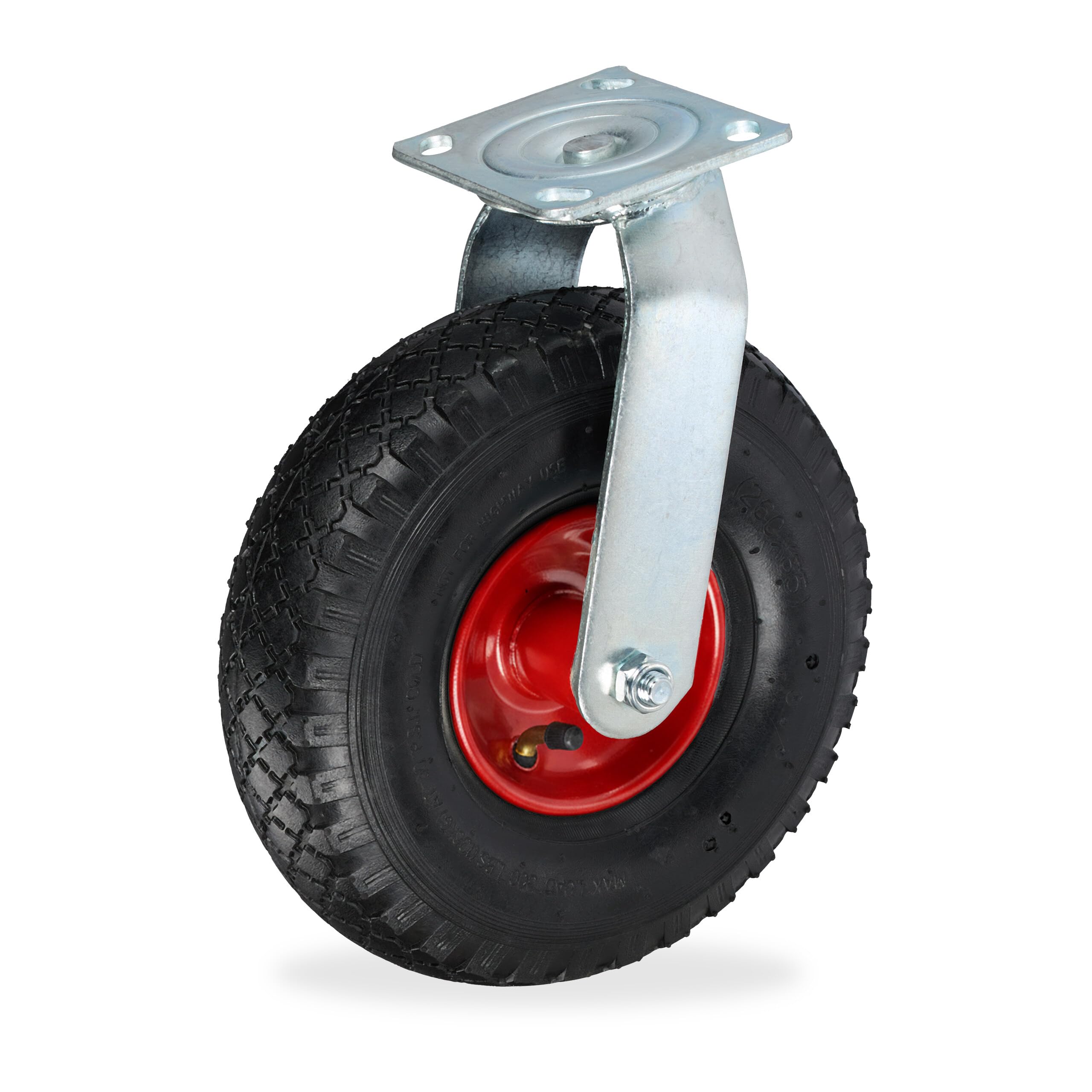 Relaxdays Swivel Castor with Pneumatic Tyres, 3.00-4 Heavy-Duty Wheel, Screw-on Plate, Up to 120 kg, Black/Silver, 30x26
