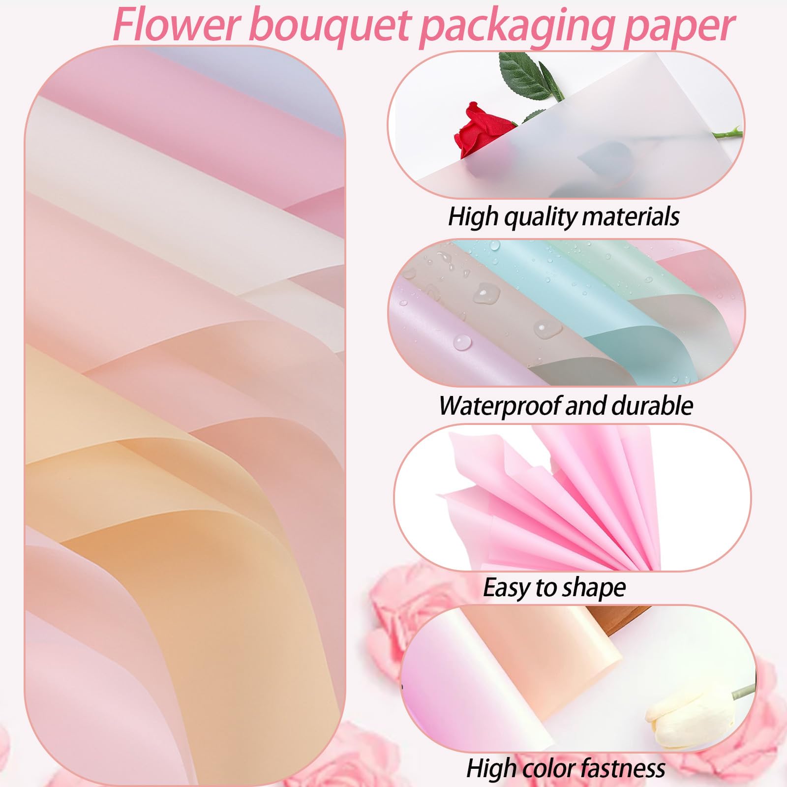 DNSGOOR Kit de 548 pièces de papier cadeau en forme de fleur avec 200 feuilles de papier cadeau étanche pour bouquet décoratif, couronnes, bouquet papillon 3D, rubans pour Saint-Valentin, remise de