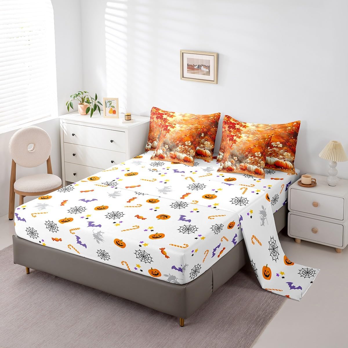 Erosebridal Adult Happy Thanksgiving 7 Piece Comforter Set, Fall Pumpkin Bedding Set Queen for Kids Teens Boys Women,Maple Autumn Leaves Sheet Set Rustic Country Farmhouse Bed Set with 2 Pillow Cases