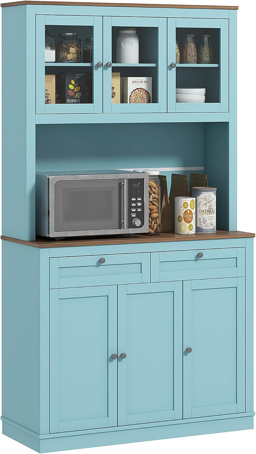 HOMCOM 71" Pantry Cabinet with Microwave Countertop, 2 Drawers, Blue | Tall Kitchen Hutch, Freestanding Storage Cabinet, Adjustable Shelves, Glass Doors, Shaker Doors