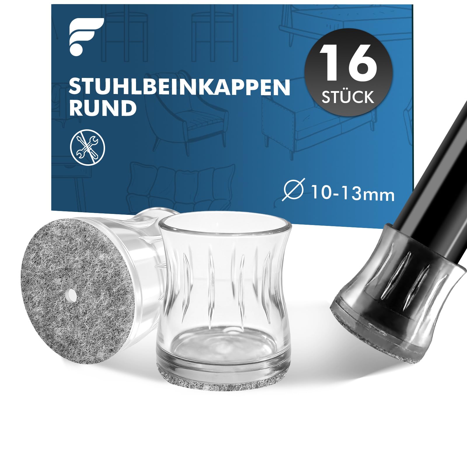 shinfly 16 Stück Stuhlbeinkappen Rund Filz, 10-13mm Stuhlbeinschoner Klein | Schutzkappen für Stuhlbeine, XS Chair Leg Floor Protectors für Metallstühle, Verschleißfest, Geräuscharm, Bodenschutz Klar