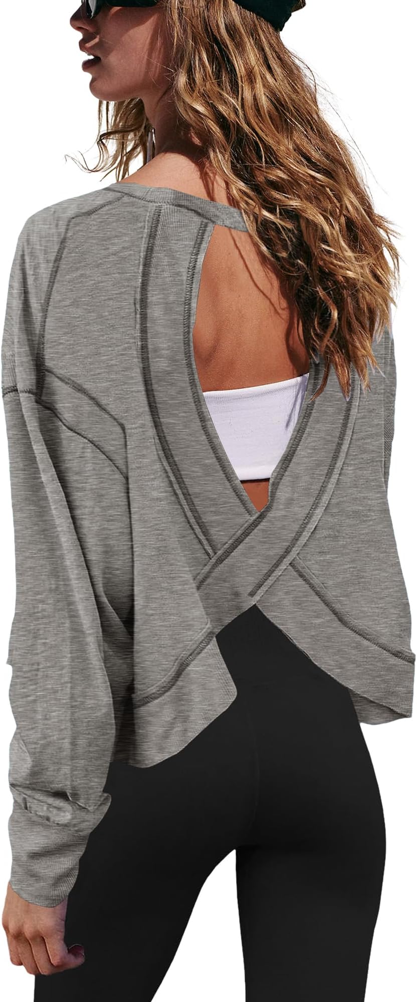 Womens Open Back Loose Workout Tops Backless Long Sleeve Athletic Shirt Running Crop Top Gym Dance Tee