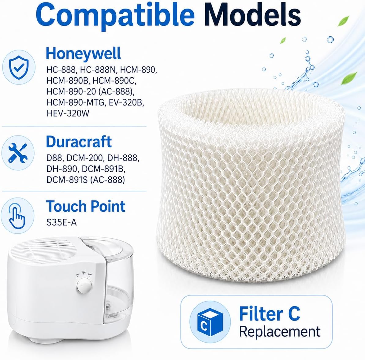 3 Pack Humidifier Wicking Filter C for Honeywell HC-888 HC-888N HCM-890 HEV-320 Duracraft DCM-200 DH-890 Replacement Parts