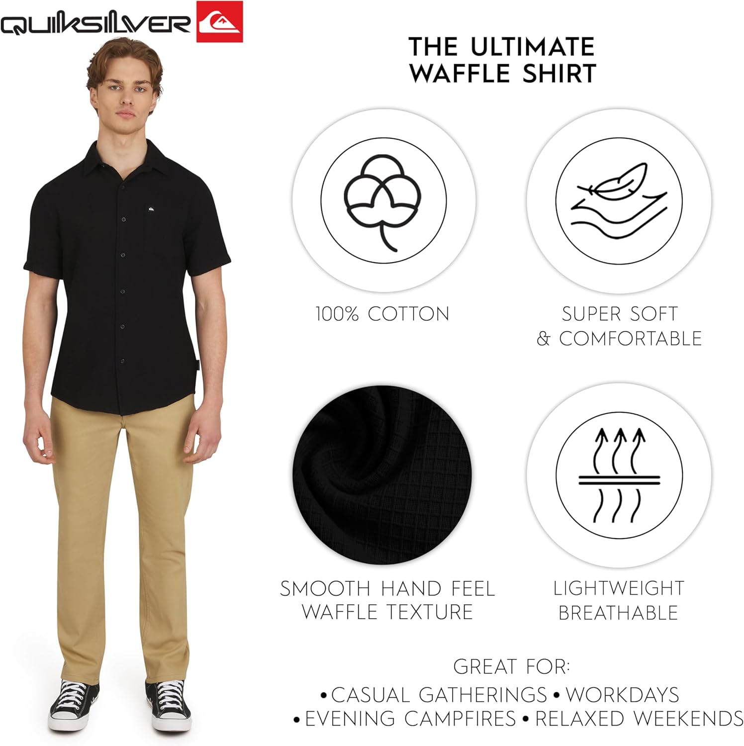 Quiksilver Men's Regular Fit Premium Cotton Short Sleeve Button Up Waffle Woven Shirt - Image 3