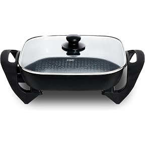 GreenLife 12" 5QT Square Electric Skillet, Glass Vented Lid, Ceramic PFAS-Free Nonstick Coated Interior, Adjustable Temperature Control, Cool Touch Handles, Quick Even Heating, Scratch Resistant,Black