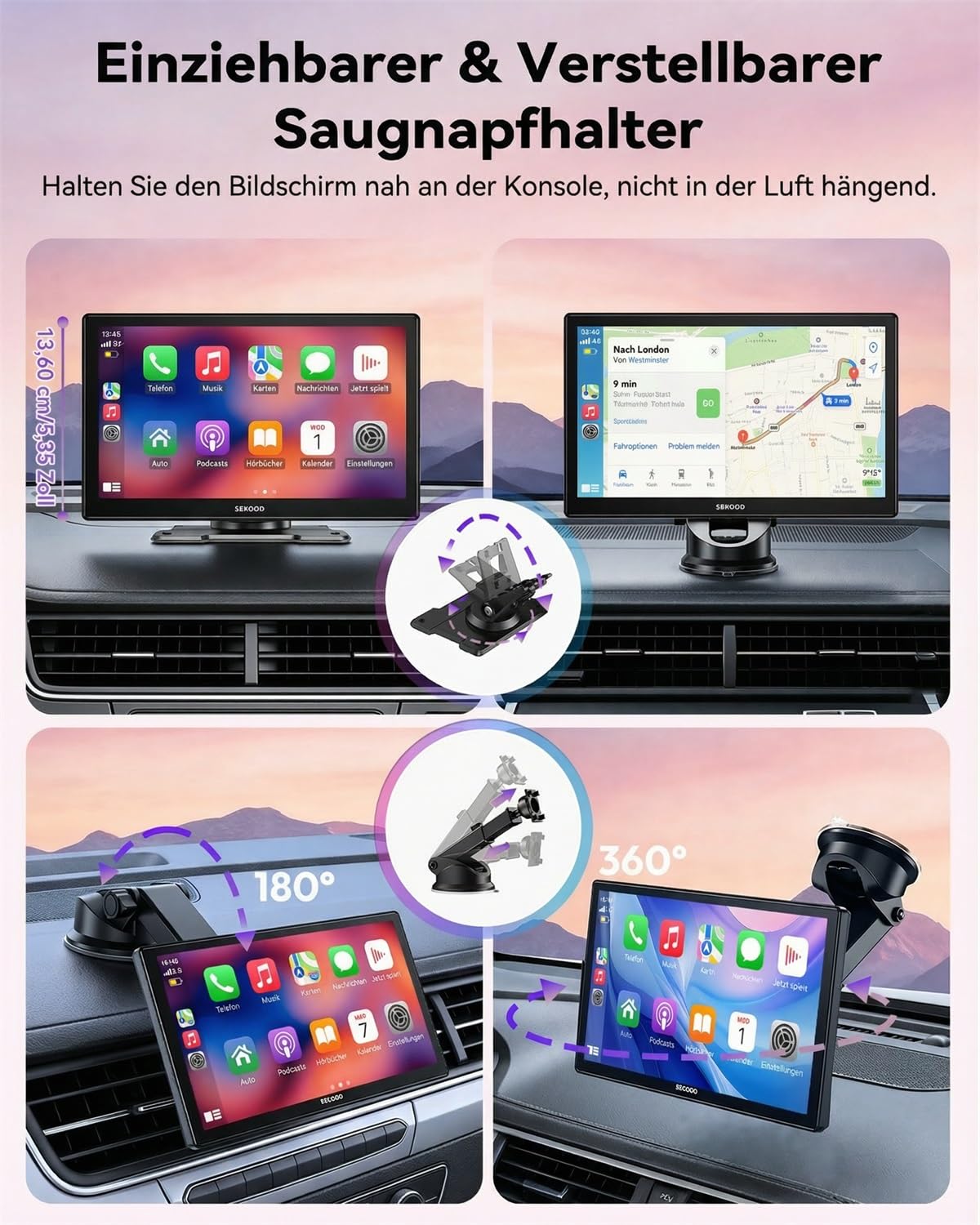 ESSGOO Carplay Android Auto Display mit Rückfahrkamera,9 Zoll Carplay Bildschirm für Apple/Android Auto/AirPlay/Mirror Link,Wireless Touchscreen GPS Navigation,mit Bluetooth5.3,AUX,FM,Sprachassistent
