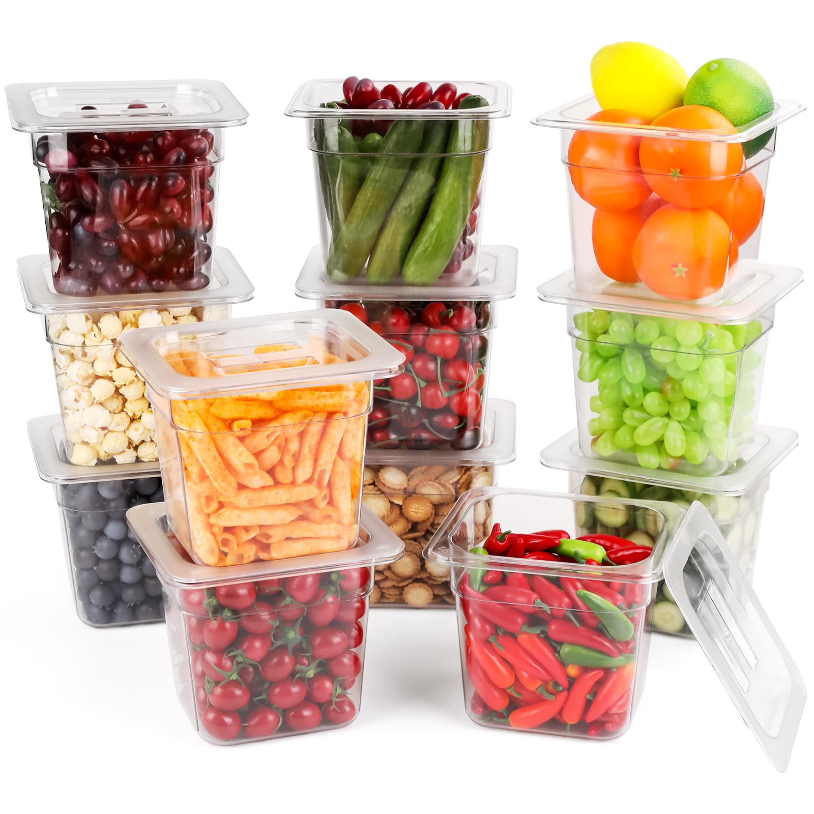 VOISEN Confezione da 12 contenitori per alimenti in plastica con coperchio, contenitori per frutta per frigorifero, 1/6 dimensioni 15,2 cm, in policarbonato trasparente, contenitori per insalata per
