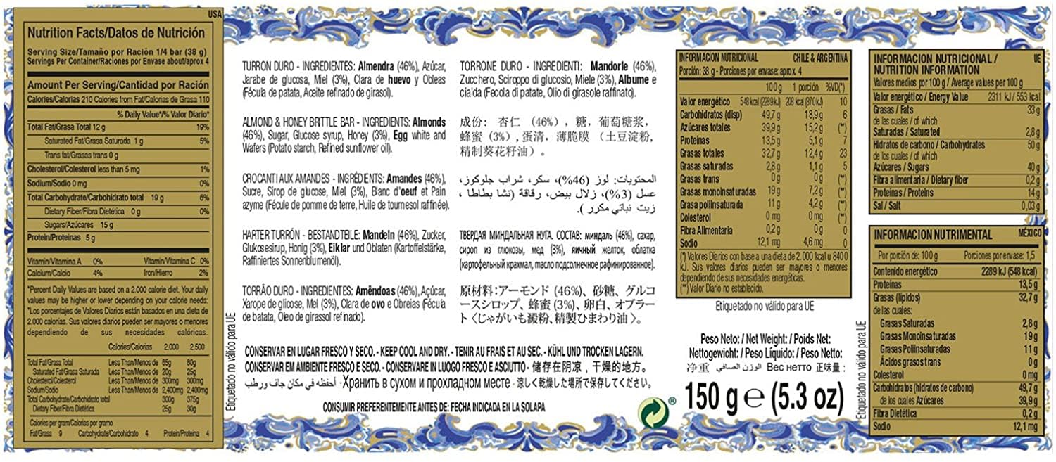 DOÑA JIMENA - Turrón Duro Extra con Almendra Miel y Clara de Huevo, Textura Crujiente, Típico Dulce Navideño Calidad Suprema Sin Gluten, Turrón Tradicional 150G