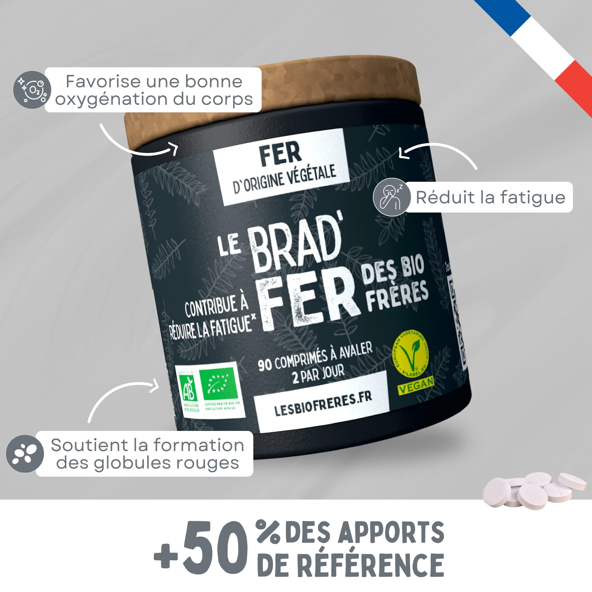 Fer Bio Vegan 7 mg - 90 Comprimés - Cure 45 Jours - Réduction de la Fatigue - Soutien Immunitaire - Fer Hautement Assimilable - Fabriqué en France