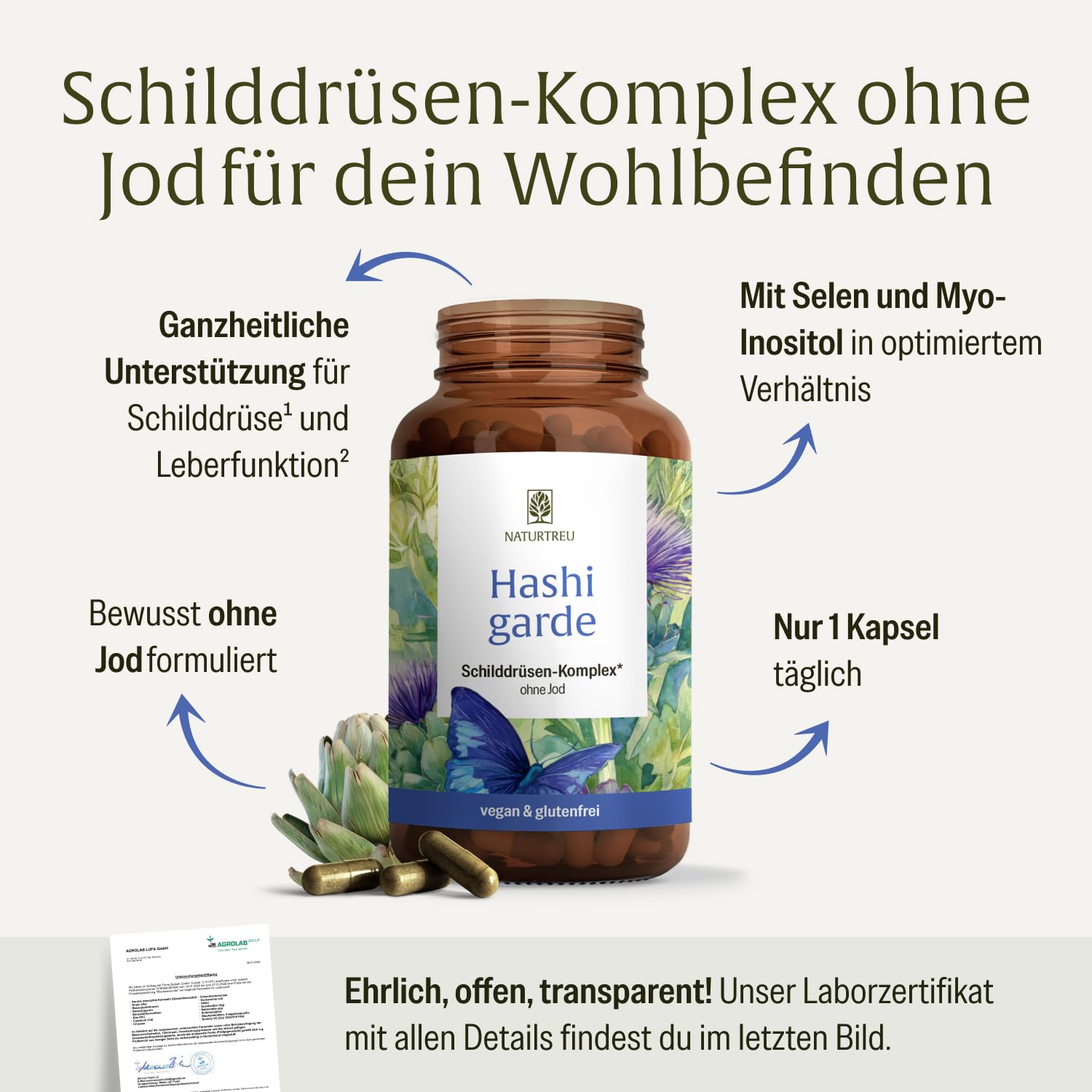 NATURTREU® Schilddrüsen Komplex* - Selen Komplex ohne Jod | Kapseln mit Selen 200µg und Myo-Inositol - hochdosiert, natürlich und vegan – 180 Kapseln