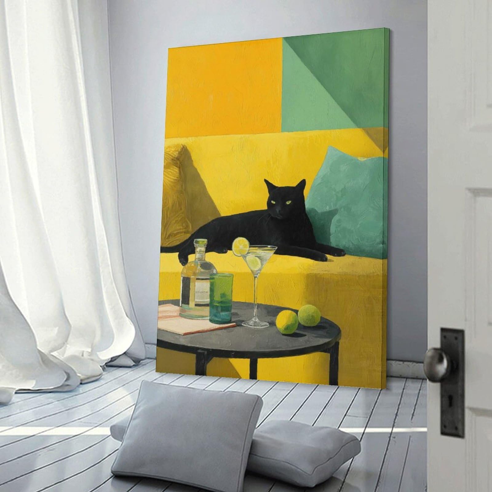Junmoney Canvas Wall Picture Black Cat on Yellow Couch, 12x18inch(30x45cm), for Study, Office Or Focused Interiors, Wall Art That Adds Style to Work Areas
