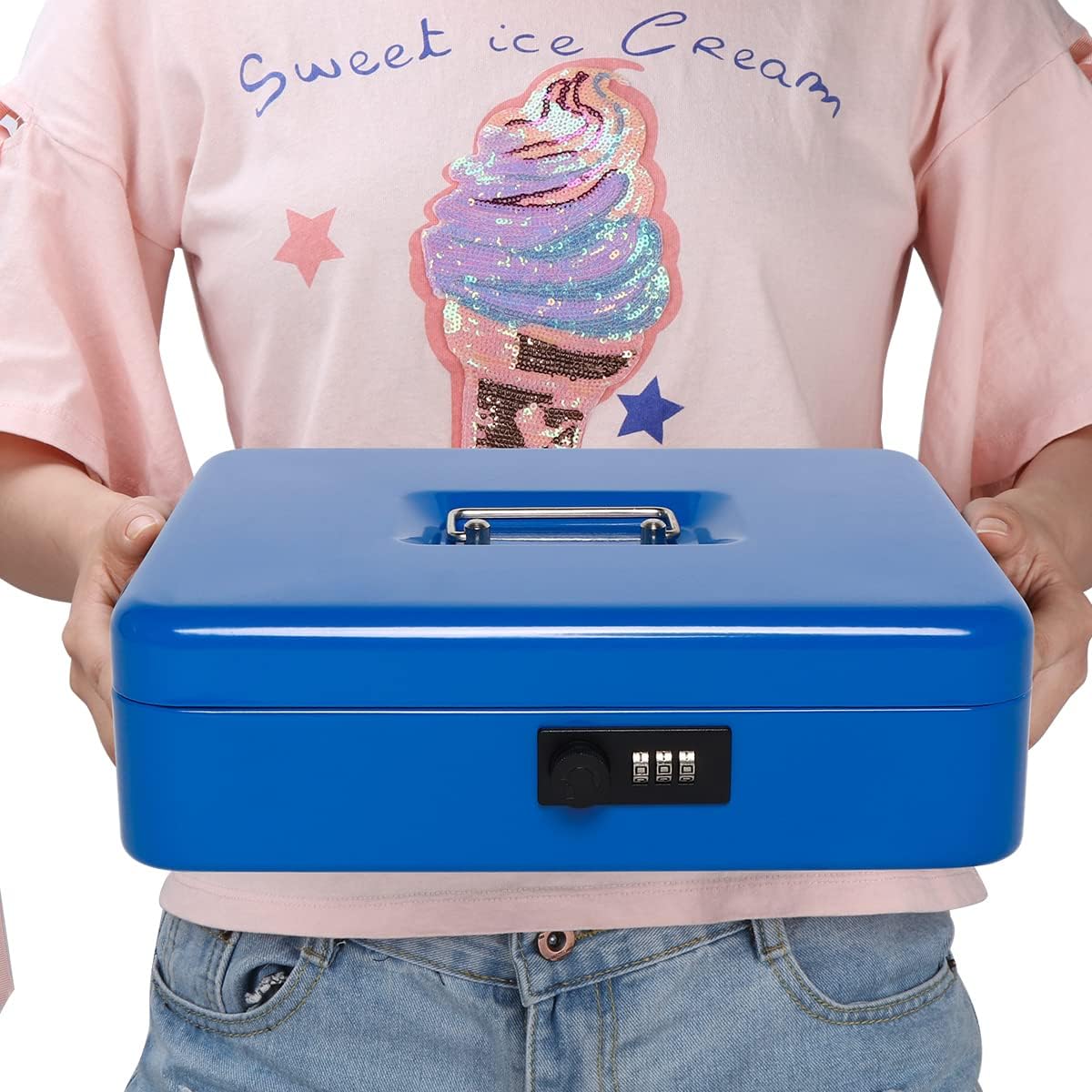 Decaller Large Cantilever Cash Box with Combination Lock, Metal Money Box with 5 Coin Compartments & 4 Bill Clips for Home or Business, 11.81" x 9.45" x 3.54", Blue