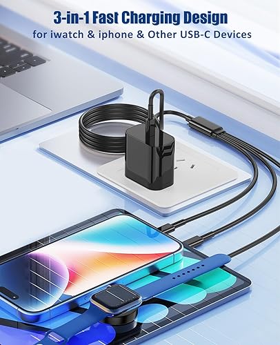 Miniatura 2 de Cargador para Apple Watch de carga rápida, cable de carga múltiple 3 en 1 con cargador USB C de 20 W, cable de carga iWatch de 6 pies para iWatch