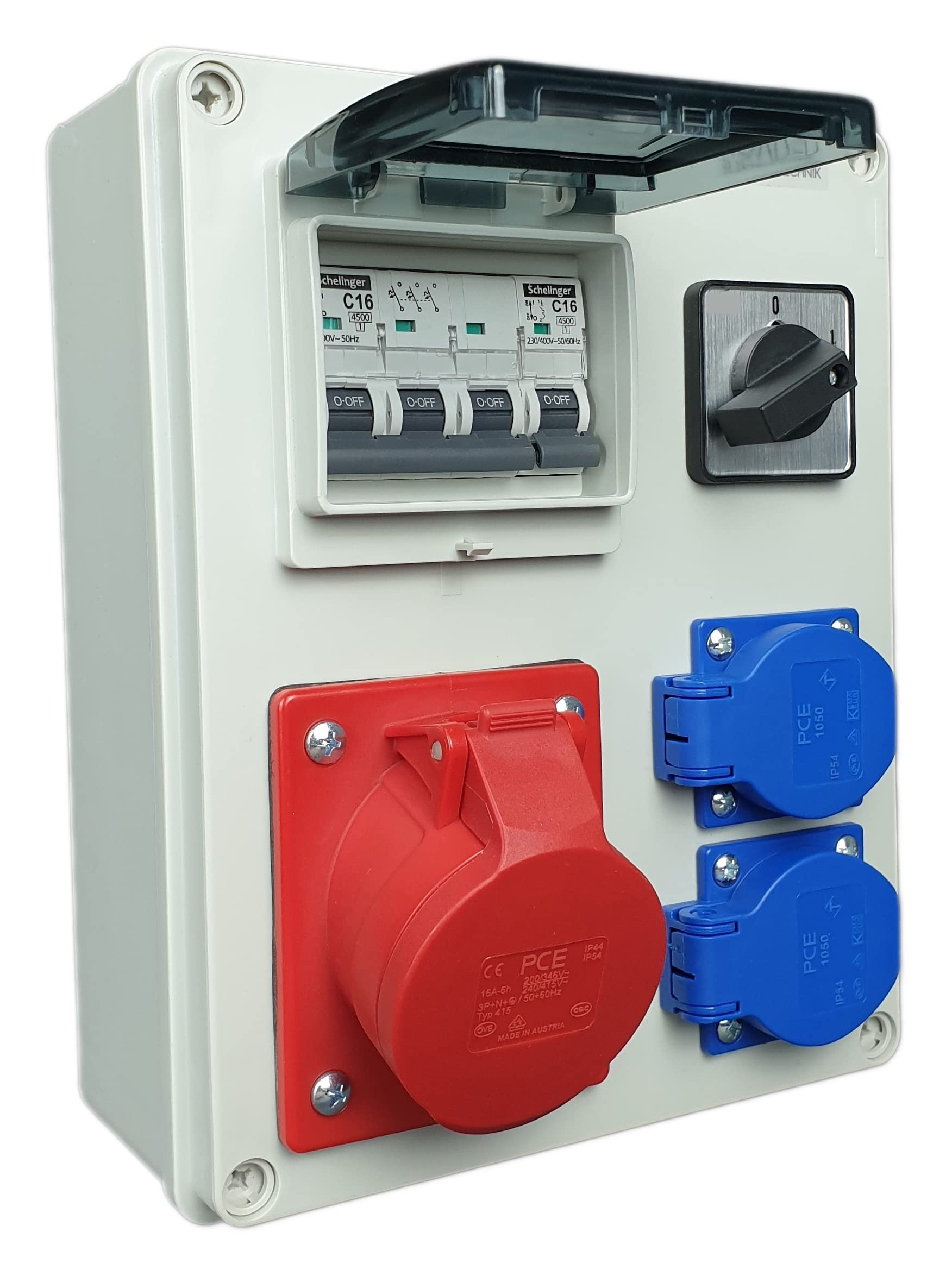 RoadEu Stromverteiler 16A 5P, 2x Schuko Steckdosen mit Hauptschalter 0-1. CEE Verteiler mit Sicherungsautomat C 16A 3P, C 16A 1P. Baustromverteiler 16A. Stromverteiler Aussen Wasserdicht IP44