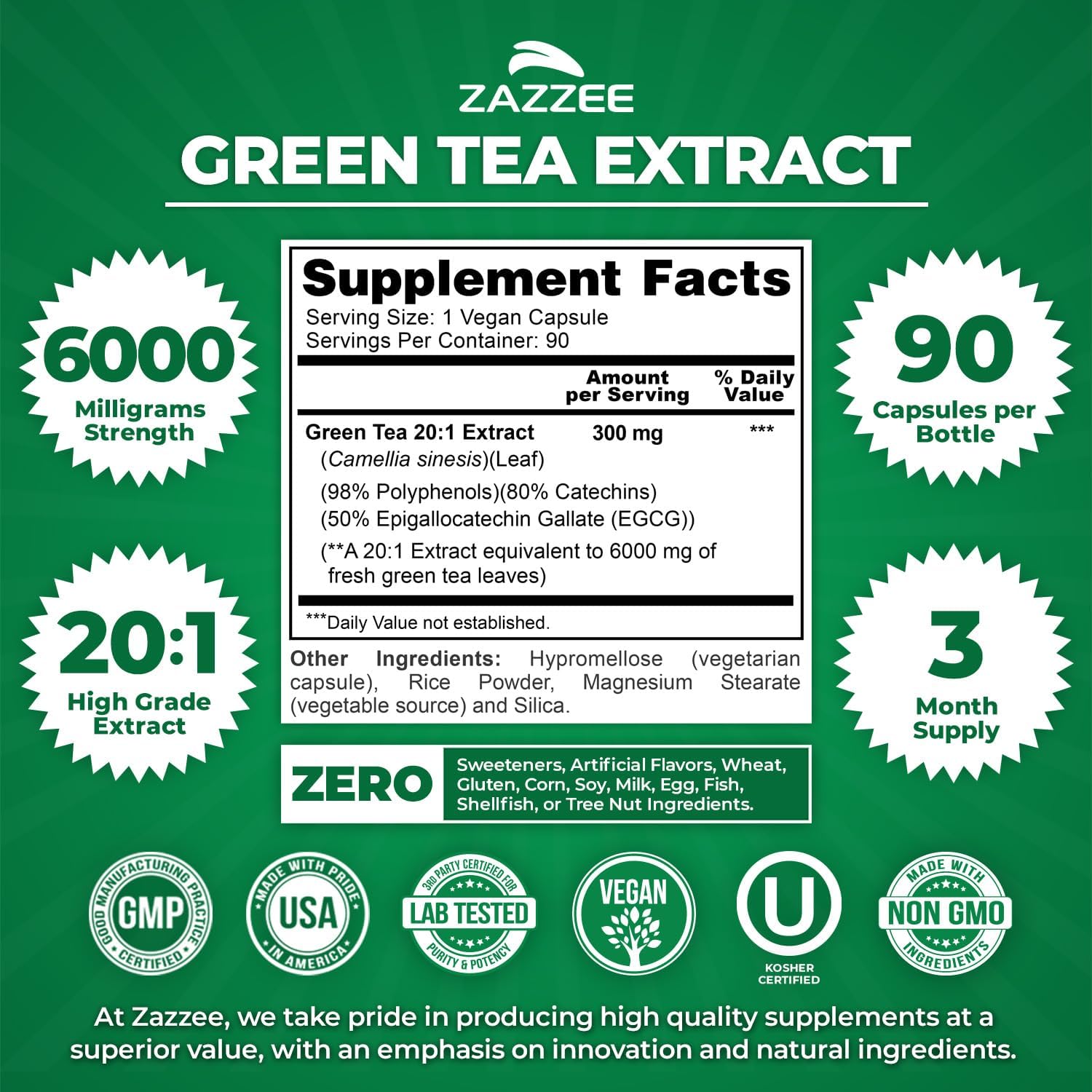 Zazzee Extra Strength Green Tea Extract 20:1, 6000 mg Equivalent, 50% EGCG, 98% Polyphenols, 80% Catechins, 90 Vegan Capsules, Certified Kosher, 3 Month Supply, Antioxidant Support, Made in The USA - Image 2