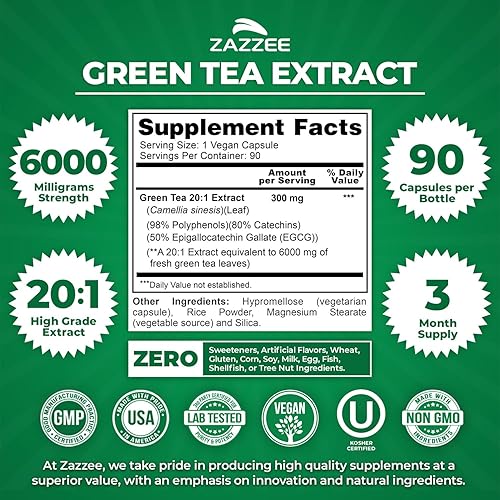 Vista 11 de Zazzee Extracto de té verde extra fuerte 20:1, 6000 mg de fuerza, 50% EGCG, 98% polifenoles y 80% catcehins, 150 cápsulas veganas, suministro de 5