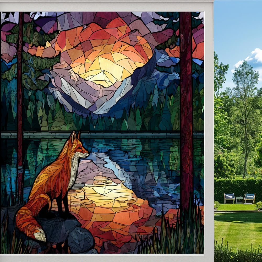 Farmhouse Animal Privacy Window Film, Sunset Fox Lake View Frosted Self-Adhesive Vinyl Cling for Glass Doors Bathroom Windows Sun Blocking Heat Control, （55x120cm）