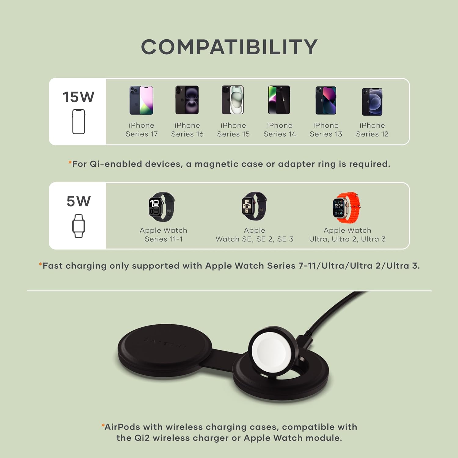 Satechi OntheGo™ 2 in 1 Wireless Charger, Qi2 Portable Charger with 15W Fast Charging for iPhone 17 to 12 Series and 5W for Apple Watch, Magnetic Travel Charging Station – Black