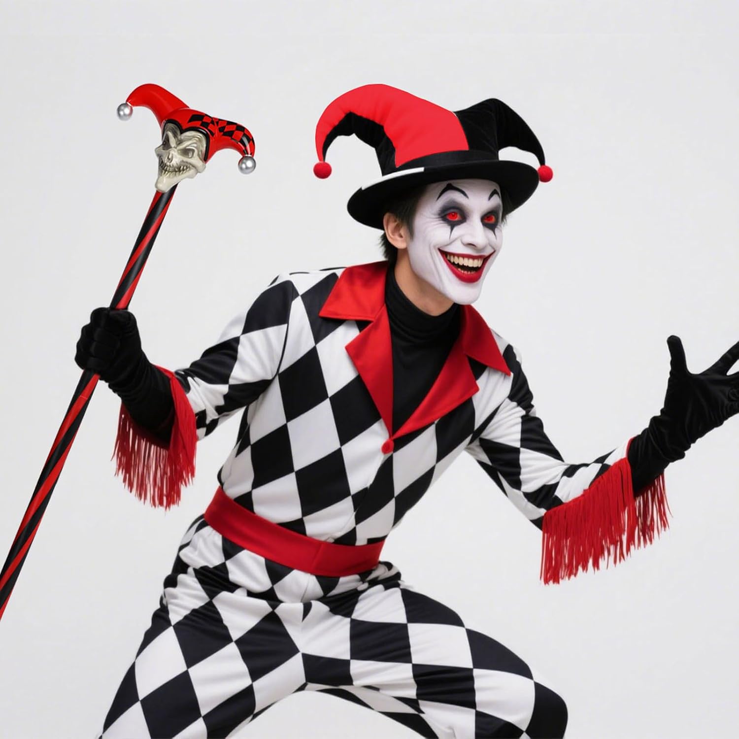 Jester Skull Cane Staff Prop,Sinister Jester Costume Accessories,Plastic Joker Pimp Cane,Halloween Staff Cosplay Party(Red)