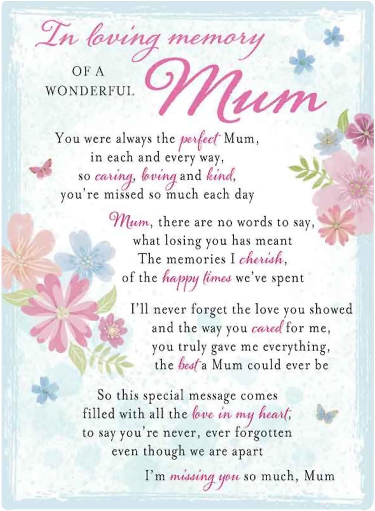 Graveside Memorial Card Remembrance Verse Plastic Coated Grave Graveside Card - 120 x 165 mm - Wonderful Mum 0912