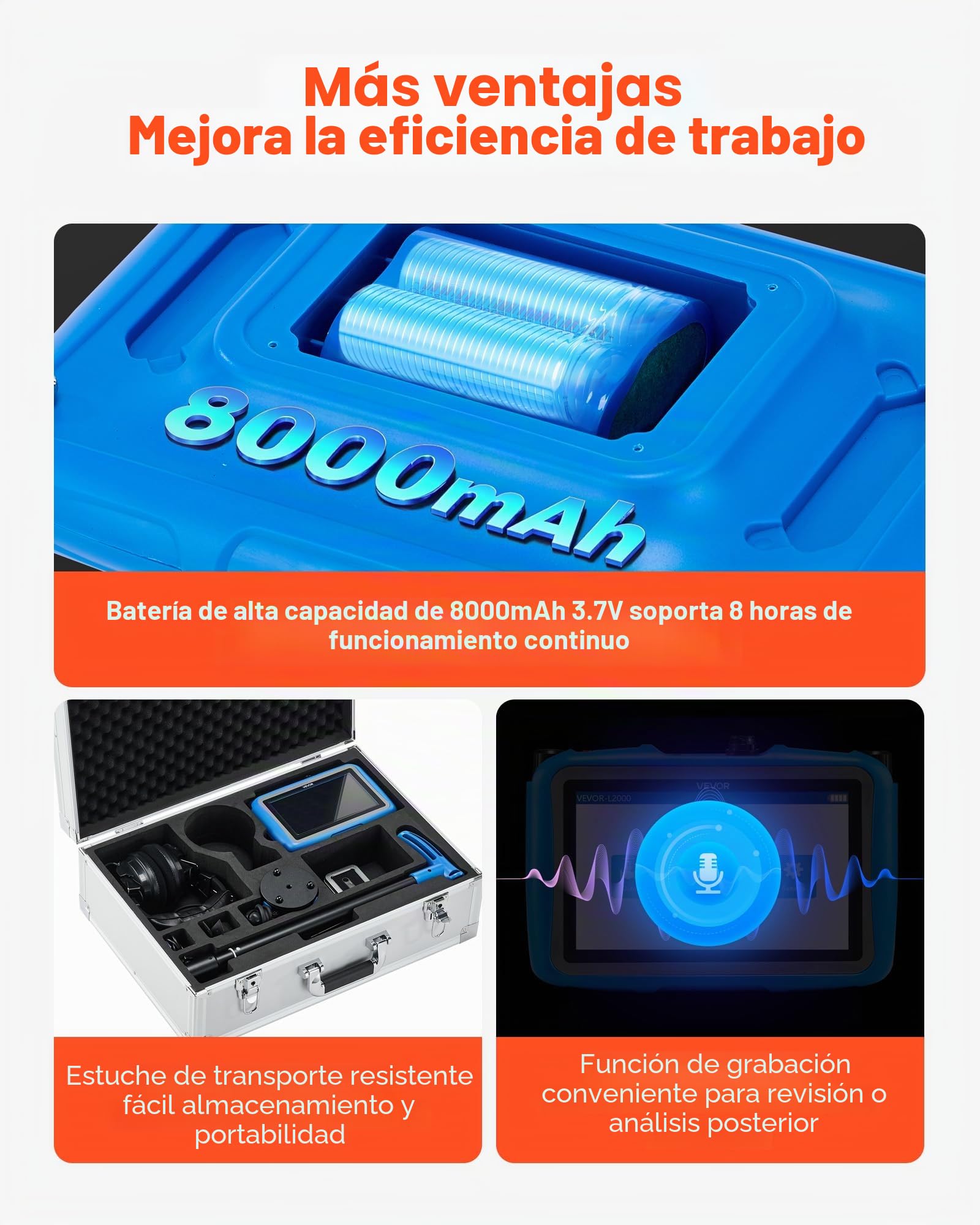 VEVOR Detector de Fugas de Agua para Tuberías Subterráneas, 1–10 000 Hz, Pantalla Táctil 17,78 cm, 5 m de Longitud, con Sensor Mediano, 3 Varillas de Escucha, Auriculares y Estuche de Transporte