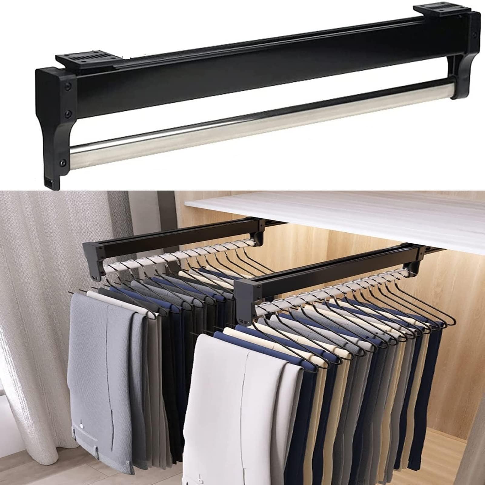GLETSF Adjustable Extendable Clothes Rail with 2 Sliding Rails, Pull-Out Trouser Rack for Wardrobe, Closet Organizer Rod 30-60cm for Space-Saving Storage,size_name-550MM/21.6INCH