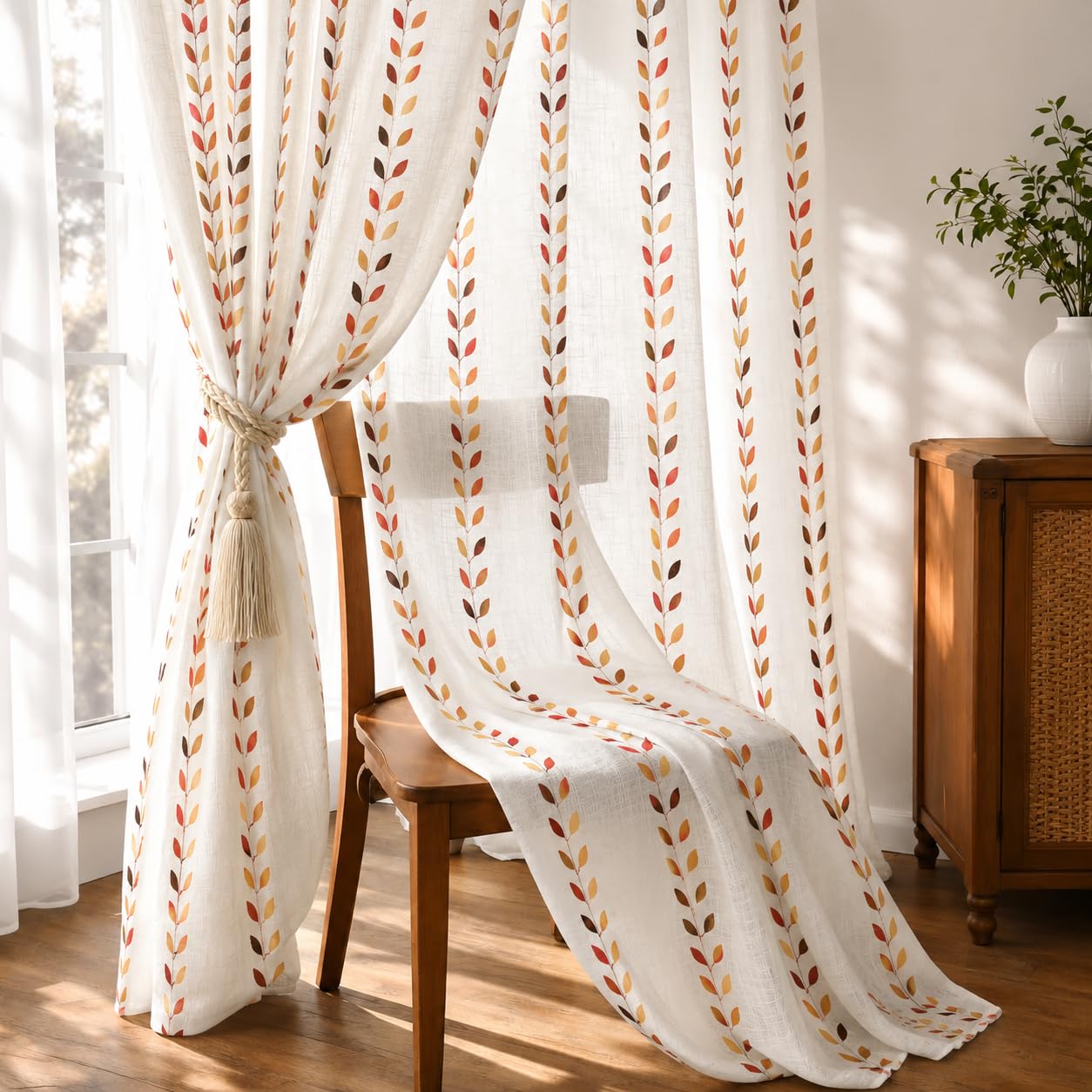 THE LINEN COMPANY Cotton Linen Sheer Long Door Drapes, Lightweight Transparent Curtain with Rod Pocket, Soft Light Filter Privacy Panel for Home Decor, Leaf Print, 8 Feet, Pack of 2