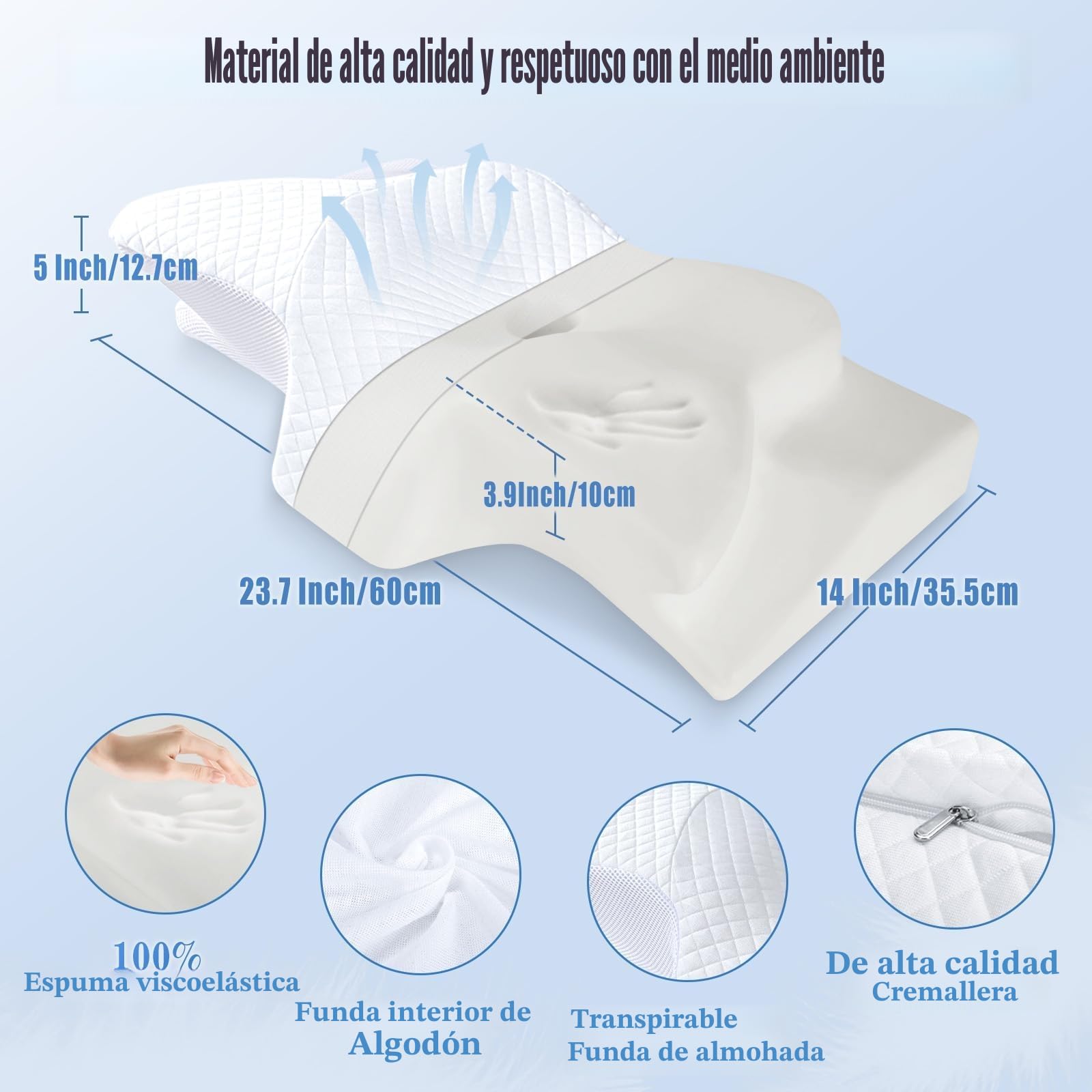 SAHEYER Almohada Cervical y Cuello, 2 en 1 Almohada Ergonómica Espuma Viscoelástica de Cabeza Cuello Hombro, Almohada Mariposa para Dormir de Lado, Boca Arriba y Boca Abajo, 60x35,5x13/10 cm, Blanco