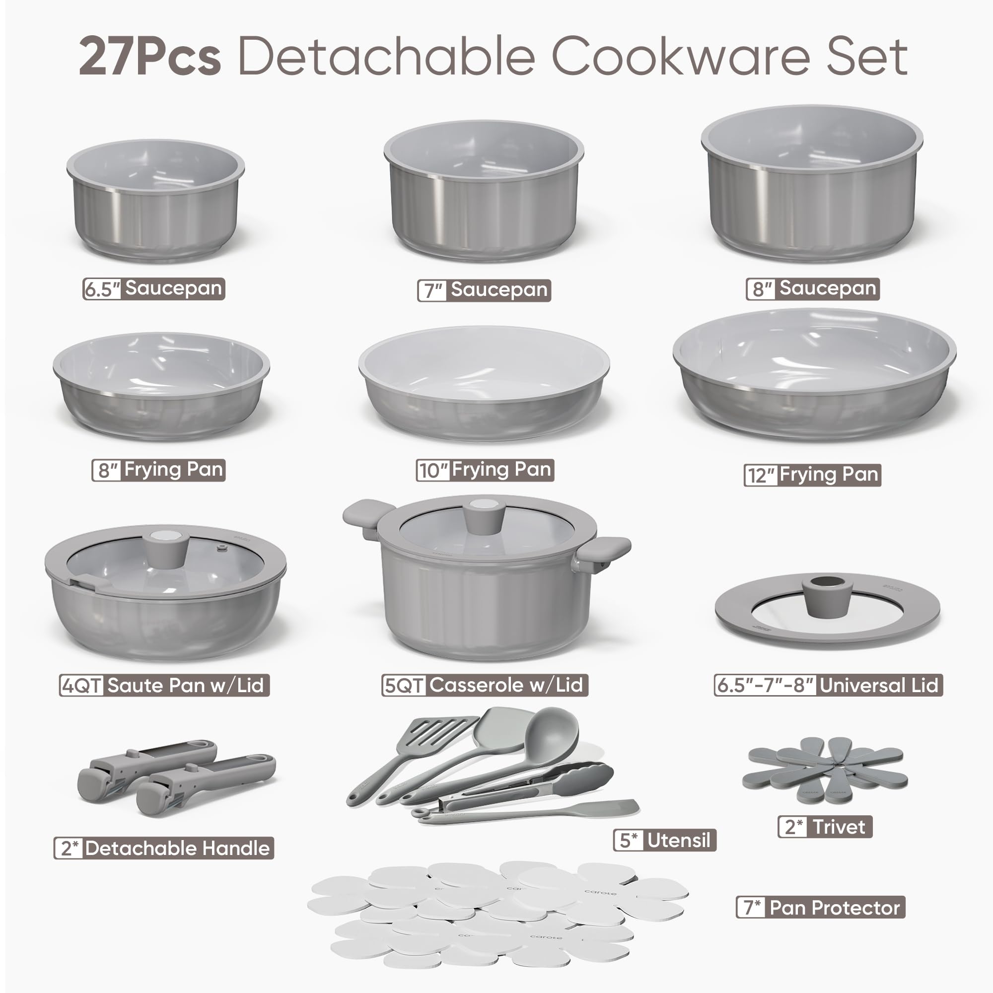 CAROTE Batterie de cuisine 25 pièces en céramique antiadhésive, casseroles et poêles à induction, batterie de cuisine antiadhésive pour camping-car avec poignée amovible, passe au lave-vaisselle/four,