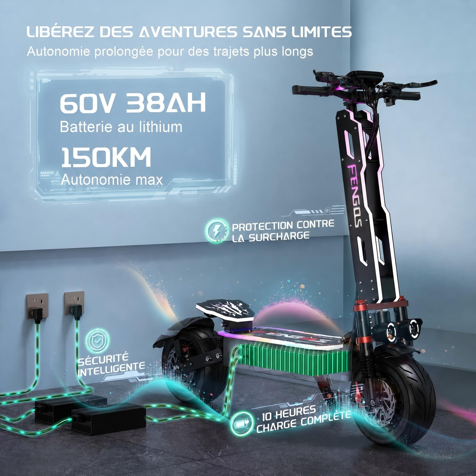 Trottinette Électrique Adulte, Double Moteur, Batterie 60V 38Ah, Jusqu'à 150 km d'Autonomie, Pneus Tout-Terrain Tubeless 12", NFC, Application, Freins ABS, Charge Max 249 kg