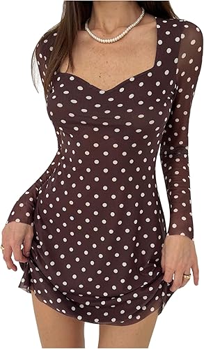 MakeMeChic Women's Polka Dots Dress Mesh Long Sleeve Bodycon Party Mini Dresses 