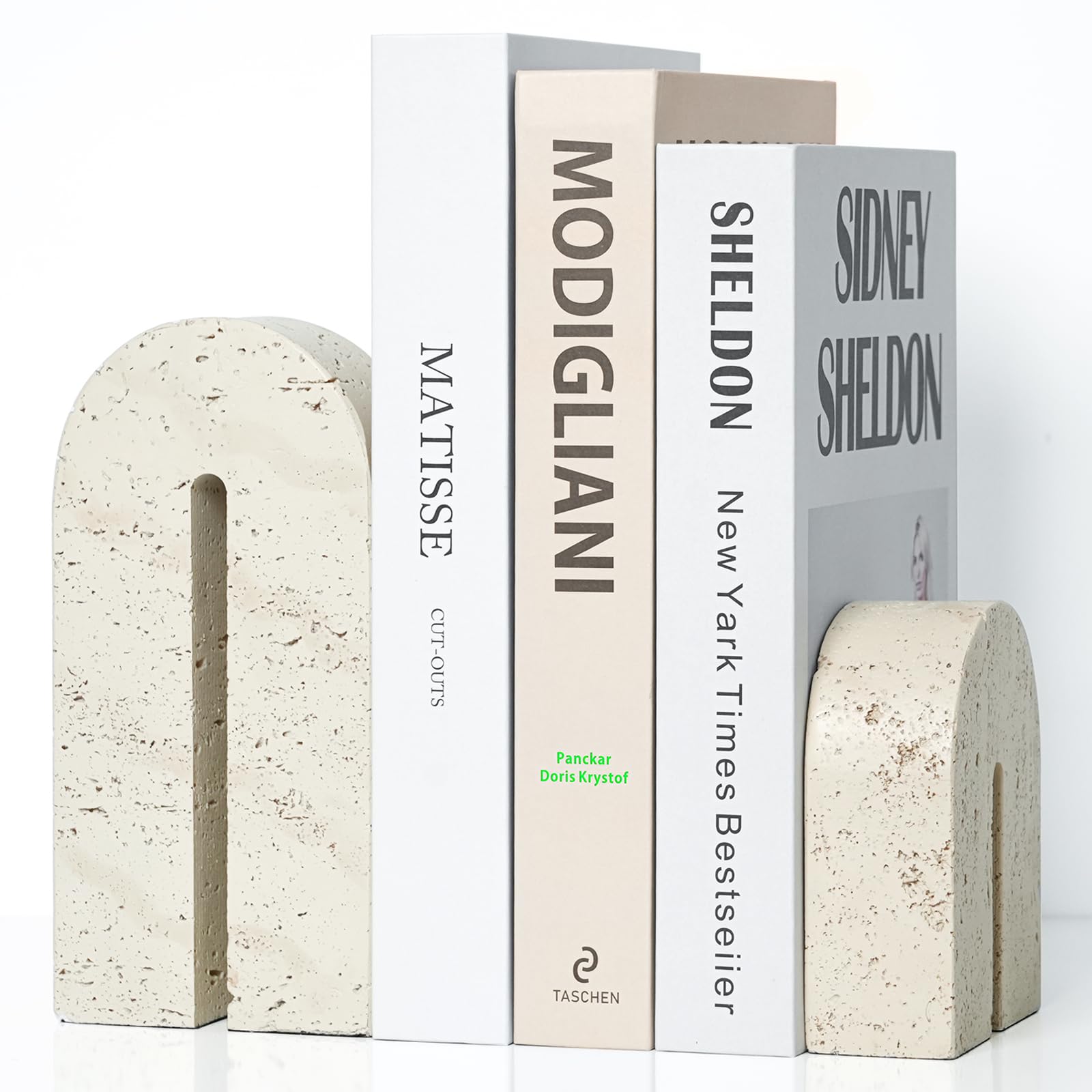 BOHDK Book Ends for Shelves, Heavy Duty Decorative Bookends, Retro Arch Book Holder for Heavy Books, Imitation Travertine Book Stopper for Home Decor, Study, Bookshelf, Desktop, Set of Two