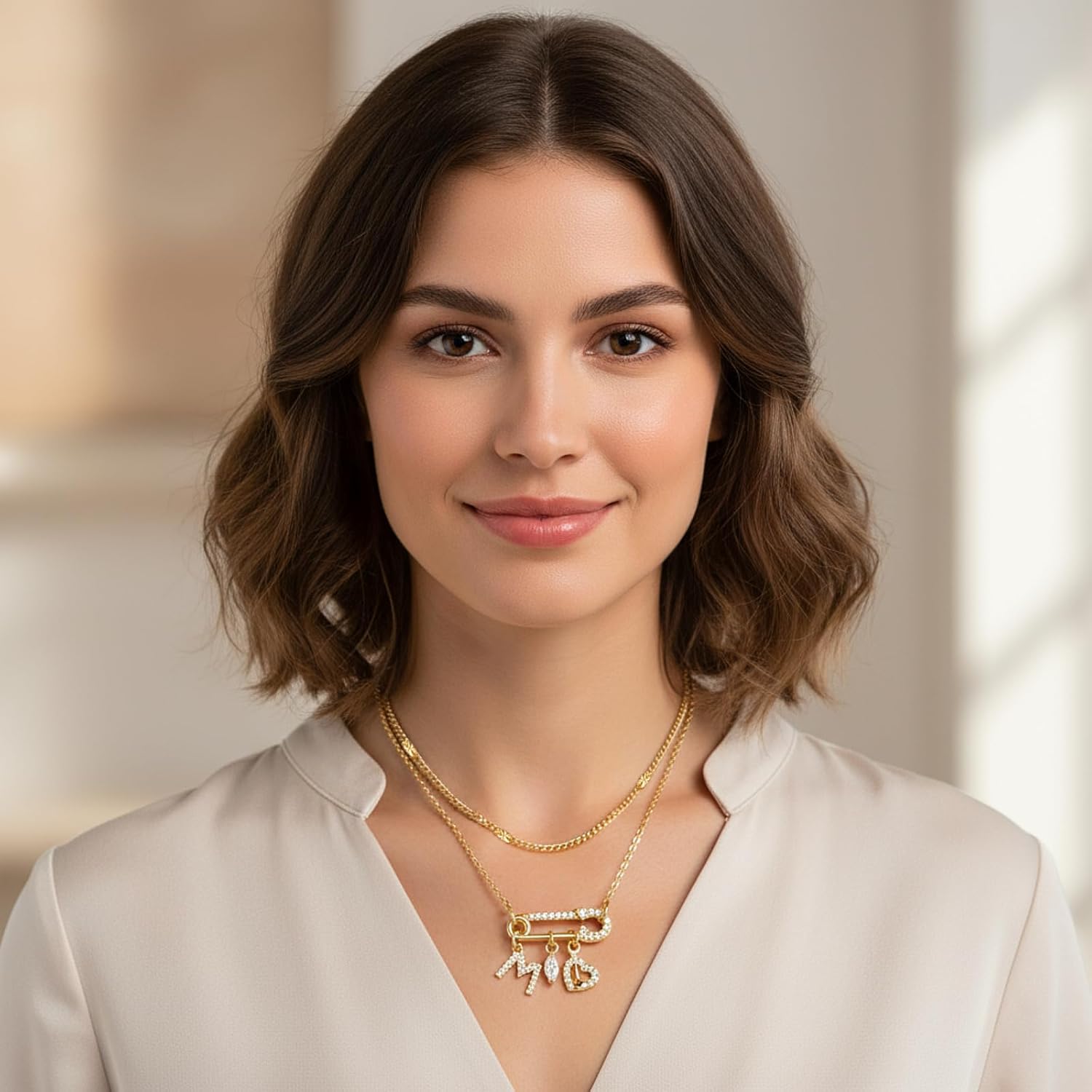 Safety Pin Initial Necklace for Women,14k Gold Plated Layered Chain Choker Necklaces,Cubic Zirconia Letter Teardrop & Heart Charms Dainty Personalized Name Pendant Jewelry Gift - Image 9