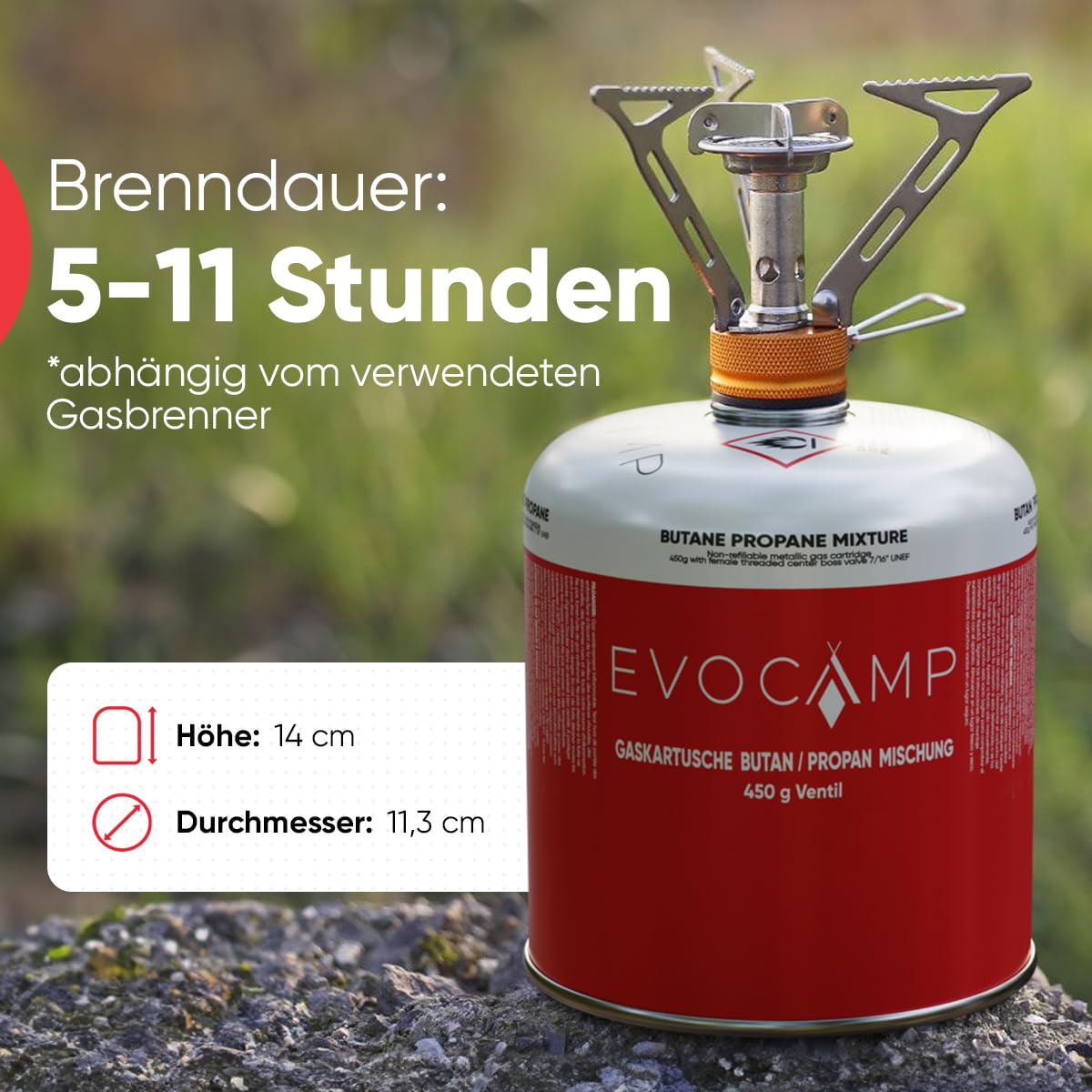 EVOCAMP 4x Propan Butan Gaskartuschen 450g einsetzbar für Weber Grills Q100/1000-Serien, Schraubkartusche Eurogewinde 7/16", Ventilkartusche 809ml mit Sicherheits-Verschlussautomatik