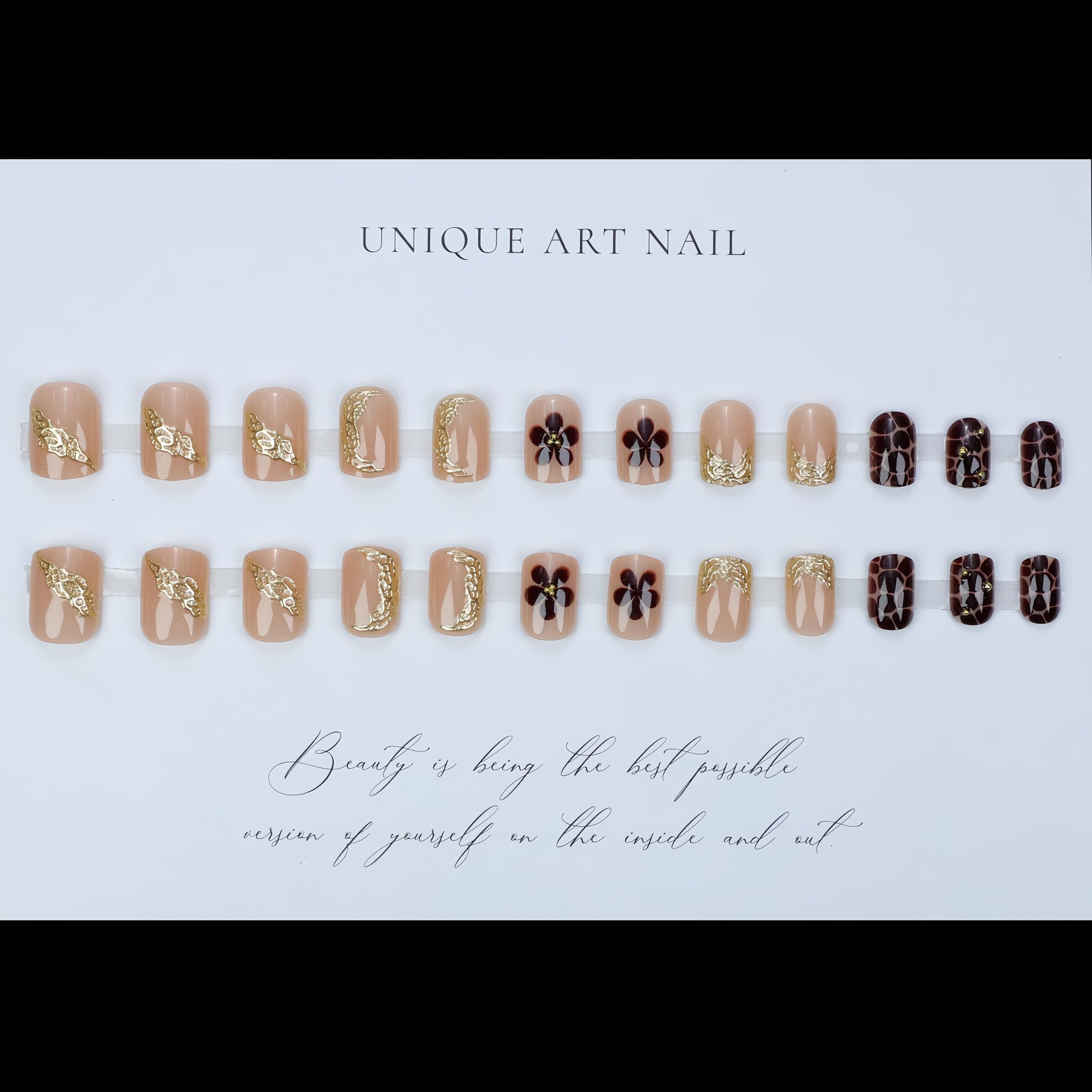 SXVME Brown Press on Short Square, Gold French False Nails with Floral Designs, Embossed Gold French Fake Nails - Image 4