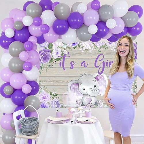 Miniatura 2 de Decoraciones de baby shower de elefante morado para niña – It's A Girl Elefante telón de fondo lavanda floral pequeño elefante de bienvenida bebé