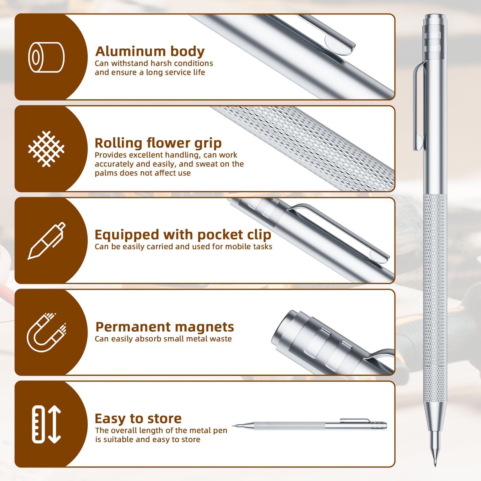 GCHMDE 5-Pack Tungsten Carbide Scriber, Metal Scribe Tool with 25 Replacement Marking Tips & Steel Ruler - Knurled Aluminum Handle & Magnet, Engraving Pen for Glass/Ceramics/Metal Sheet (5) — Amazon image 6