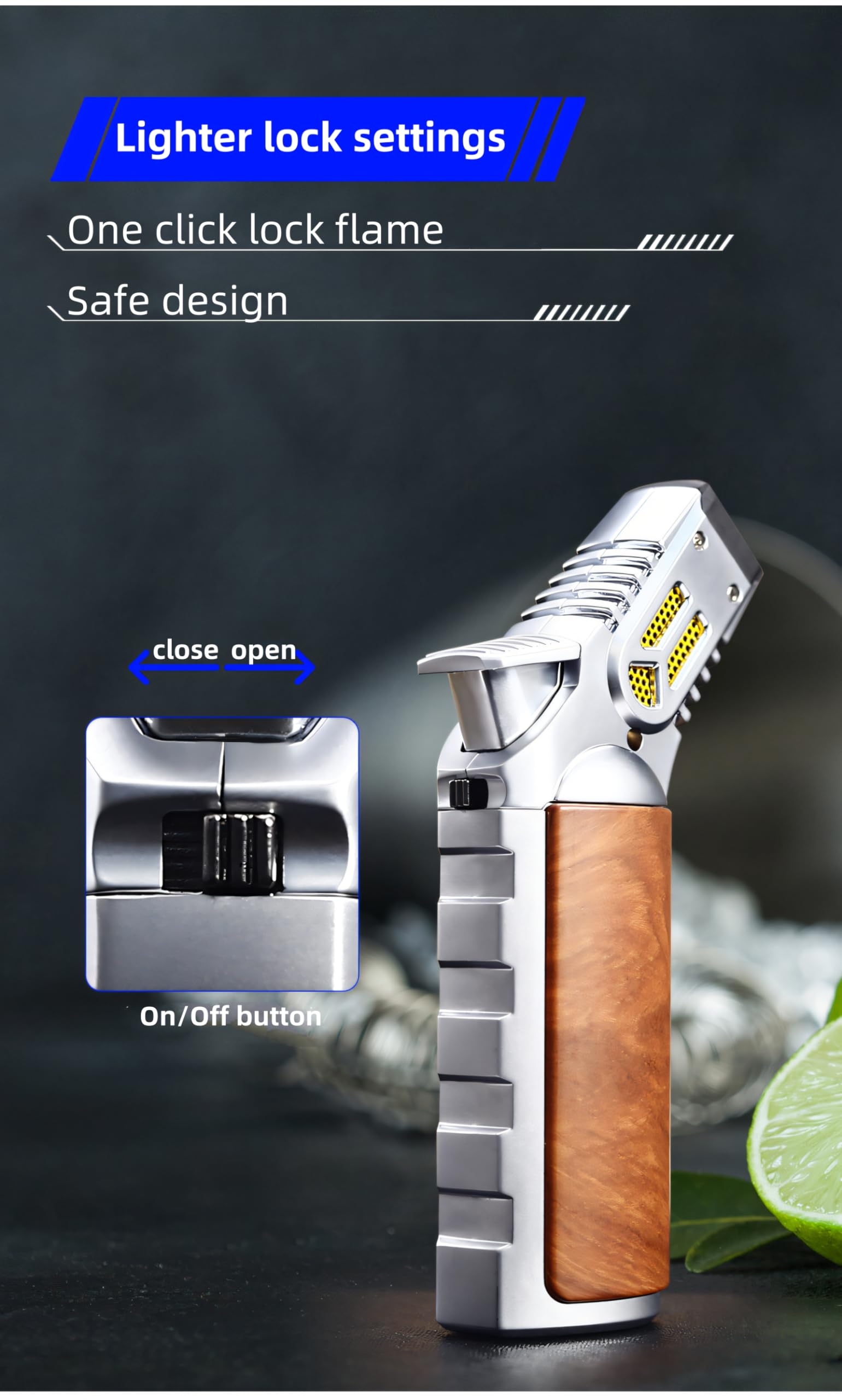Torch Lighter, Metal Butane Gas Lighter, Lockable,4 Ignition Holes, Multifunctional Cooking Torch, Windproof Adjustable Flame Size, no Butane (01# Gray)