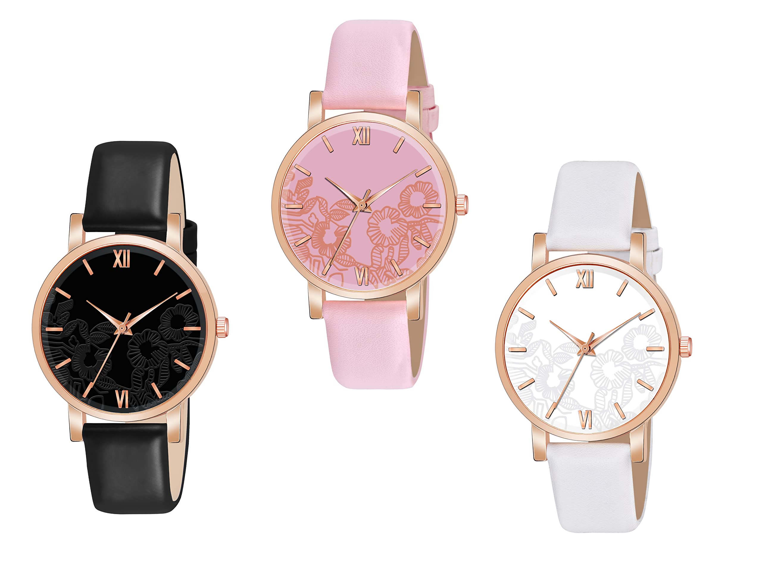KIARVI GALLERY Womens Analogue Roman Flower Designer Leather Strap Watch Combo - Black, White, Pink - Pack of 3 (B0B1QSSCZM) Amazon Price History, Amazon Price Tracker